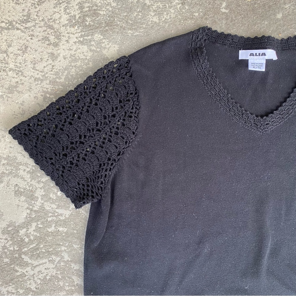 2/$16 Alia Short Sleeved Sweater with Crochet Sleeves and Neckline